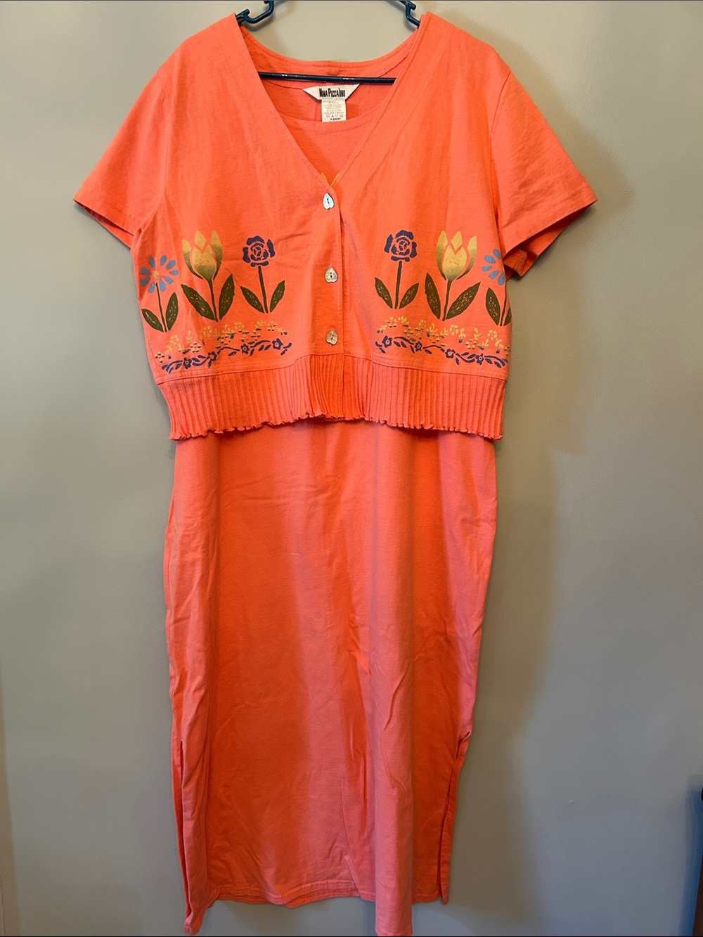 Vintage Nina Piccalino Cotton Floral Two Piece Coral Midi Dress Set, Women’s XL